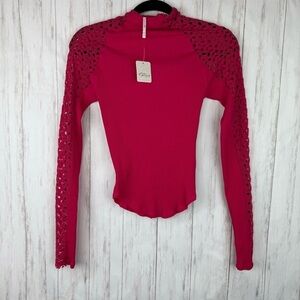 Free People NWT hot pink thermal crochet sleeve top small